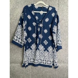 Portocruz Navy Blue Medallion Print Tunic Cover Up 3/4 Sleeve XL Beach Resort